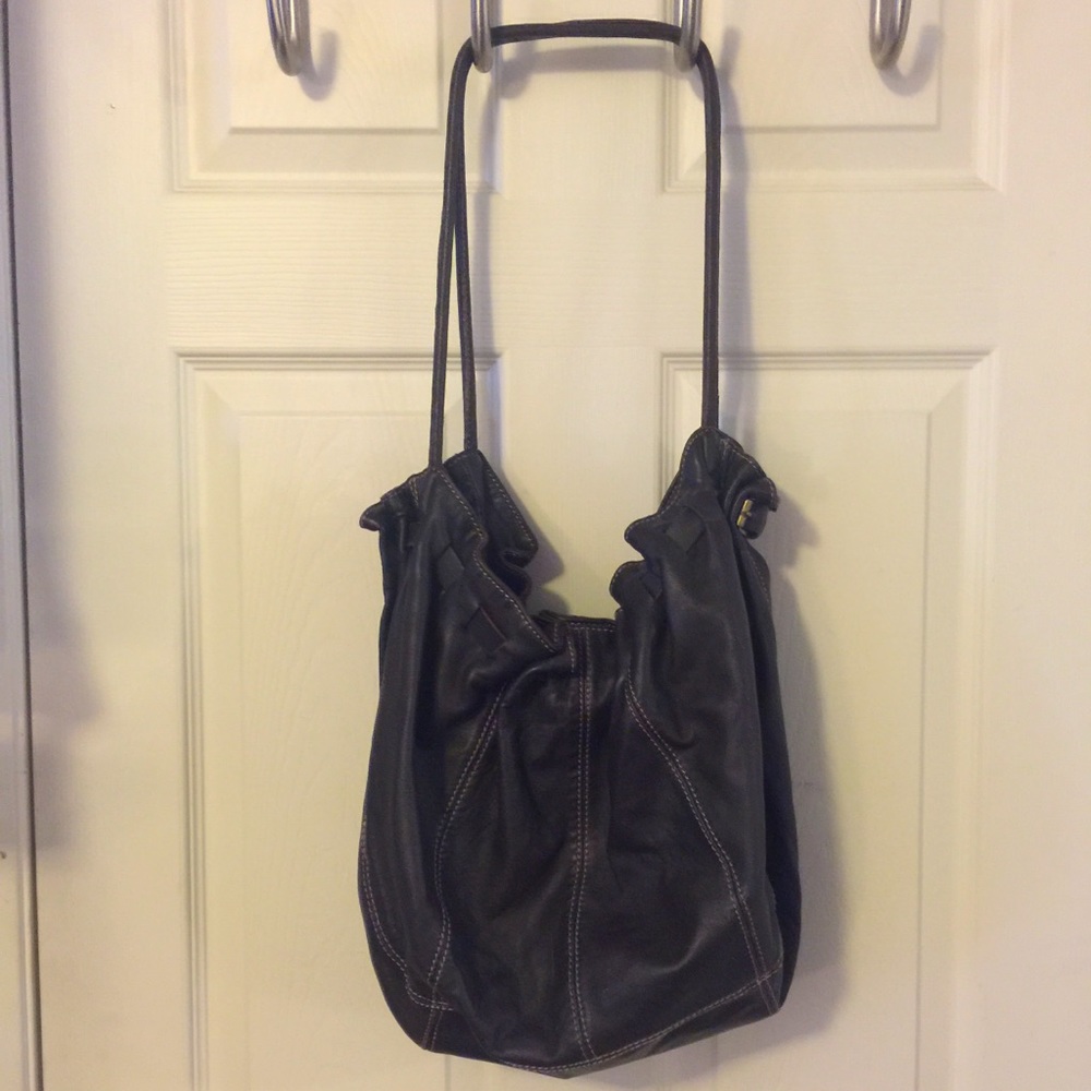 Adrienne Vittadini Black Leather Hobo Bag with Contrast Stitching